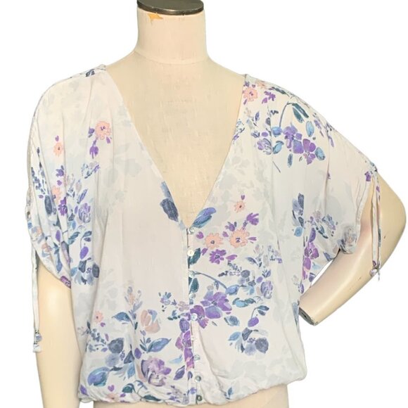 Lovestitch Floral Relaxed Ruched Short Sleeve Button Blouse Sz M #107A - Picture 1 of 9